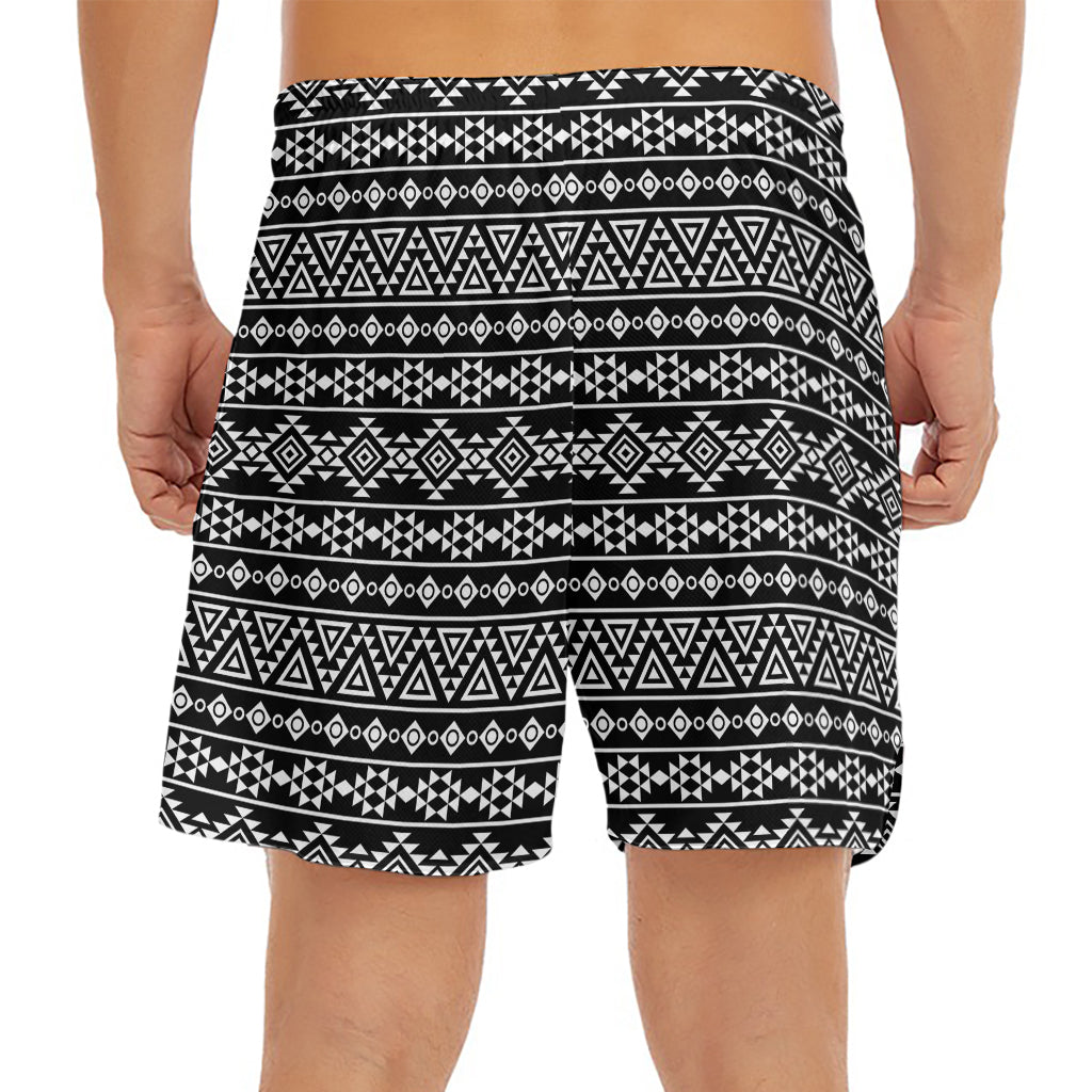 Black And White Aztec Geometric Print Men's Split Running Shorts
