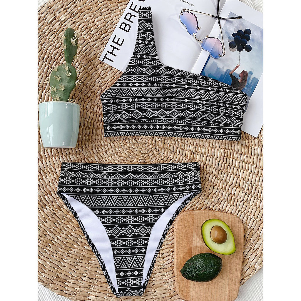 Black And White Aztec Geometric Print One Shoulder Bikini Top