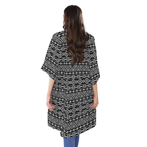 Black And White Aztec Geometric Print Open Front Beach Cover Up