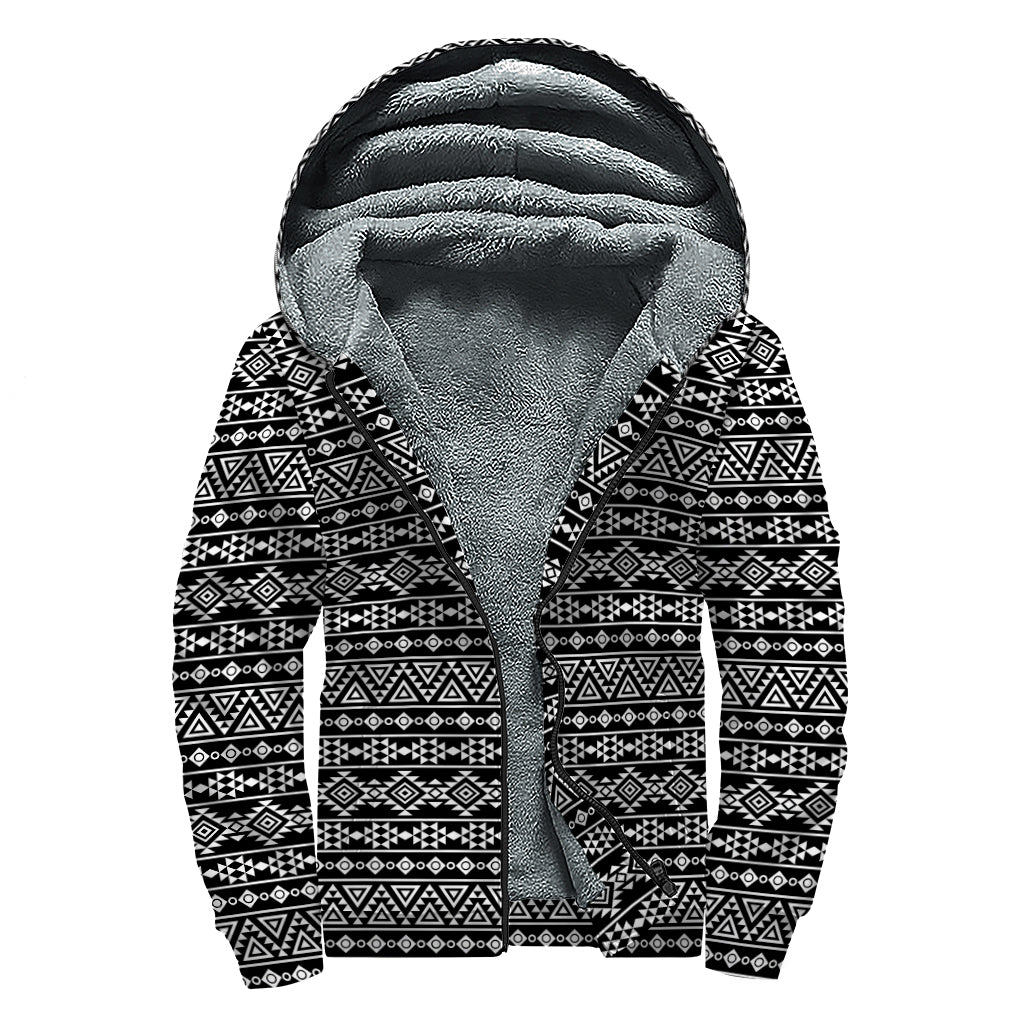 Black And White Aztec Geometric Print Sherpa Lined Zip Up Hoodie