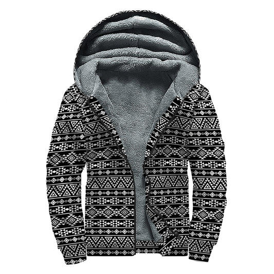 Black And White Aztec Geometric Print Sherpa Lined Zip Up Hoodie