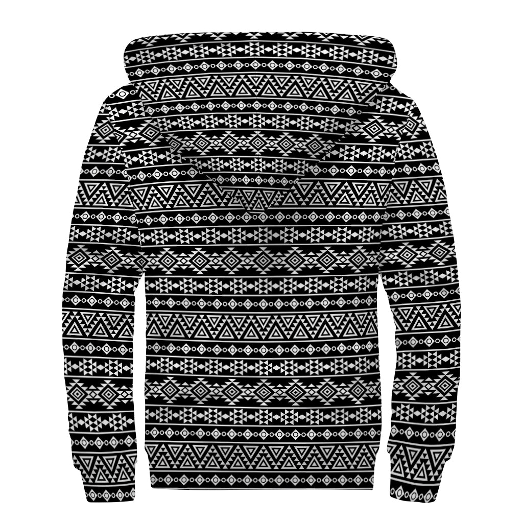 Black And White Aztec Geometric Print Sherpa Lined Zip Up Hoodie