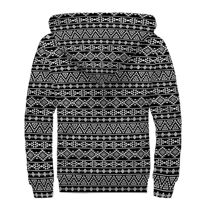 Black And White Aztec Geometric Print Sherpa Lined Zip Up Hoodie