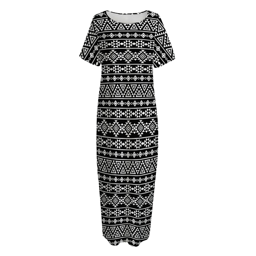 Black And White Aztec Geometric Print Short Sleeve Long Nightdress