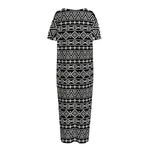 Black And White Aztec Geometric Print Short Sleeve Long Nightdress