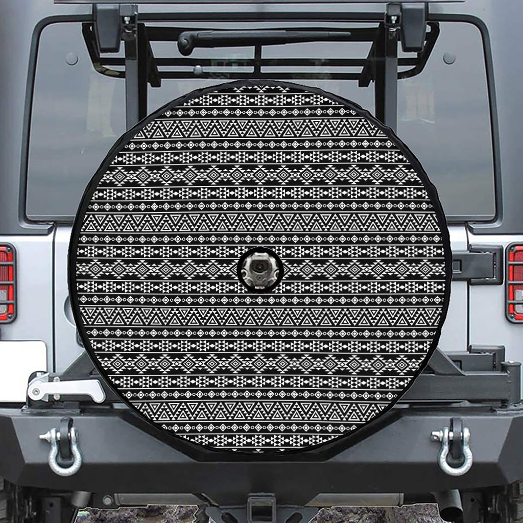 Black And White Aztec Geometric Print Tire Cover With Camera Hole
