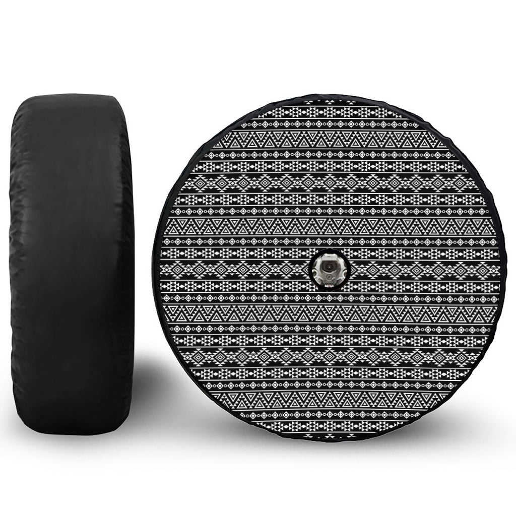 Black And White Aztec Geometric Print Tire Cover With Camera Hole