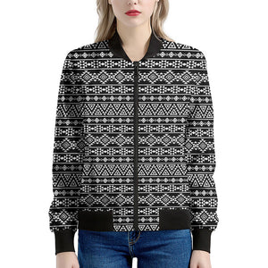 Black And White Aztec Geometric Print Women's Bomber Jacket