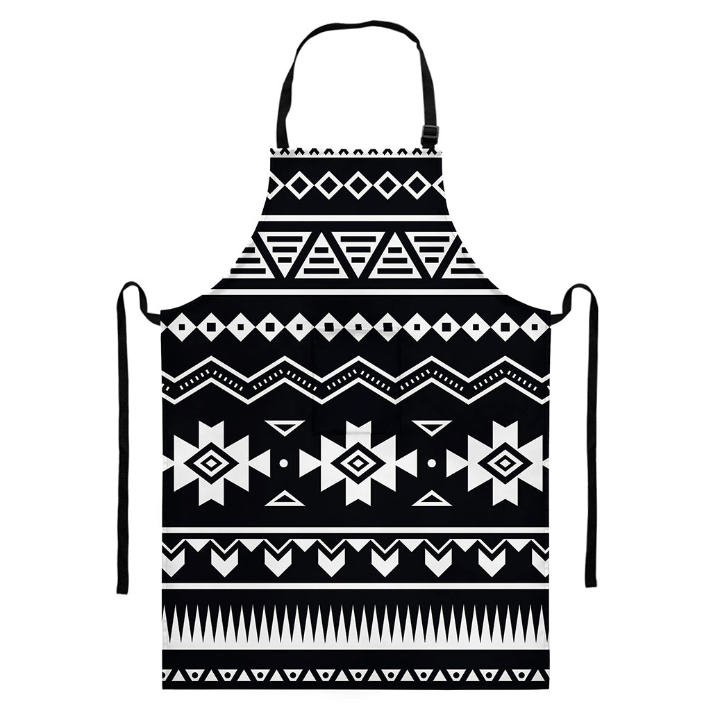 Black And White Aztec Pattern Print Bib Apron With Pocket