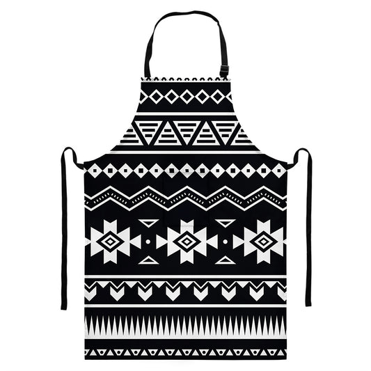 Black And White Aztec Pattern Print Bib Apron With Pocket