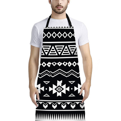 Black And White Aztec Pattern Print Bib Apron With Pocket