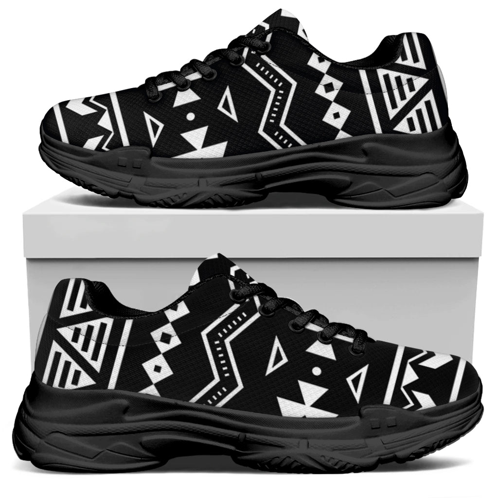 Black And White Aztec Pattern Print Black Chunky Shoes