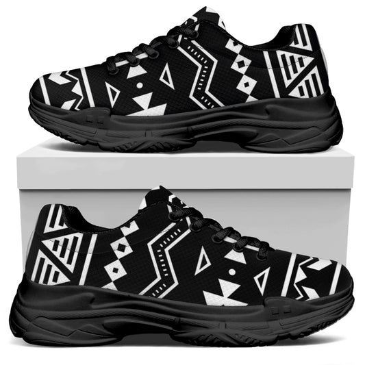 Black And White Aztec Pattern Print Black Chunky Shoes