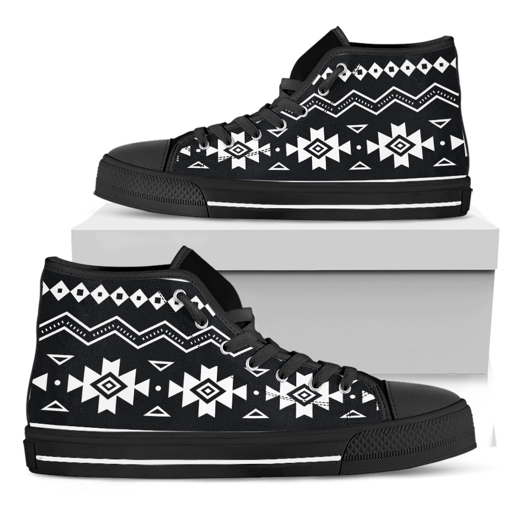 Black And White Aztec Pattern Print Black High Top Sneakers
