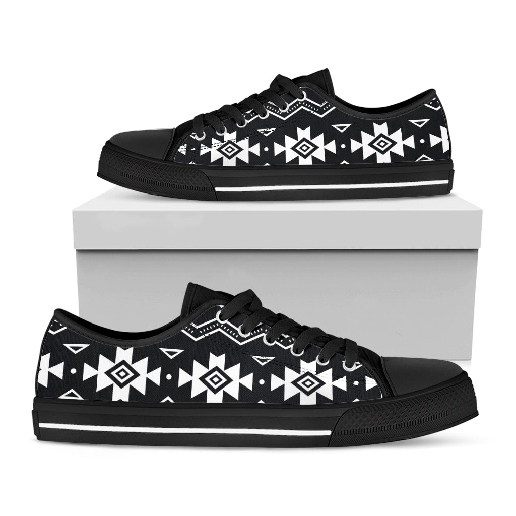 Black And White Aztec Pattern Print Black Low Top Sneakers