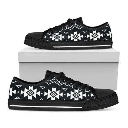 Black And White Aztec Pattern Print Black Low Top Sneakers