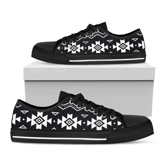 Black And White Aztec Pattern Print Black Low Top Sneakers