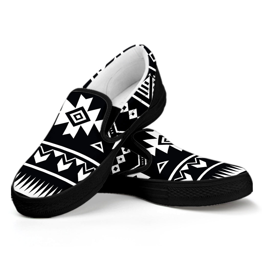 Black And White Aztec Pattern Print Black Slip On Sneakers