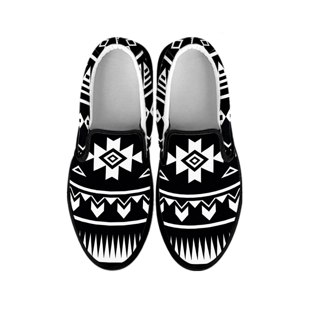 Black And White Aztec Pattern Print Black Slip On Sneakers