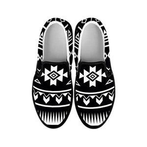 Black And White Aztec Pattern Print Black Slip On Sneakers