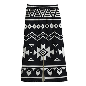 Black And White Aztec Pattern Print Cotton Front Slit Maxi Skirt