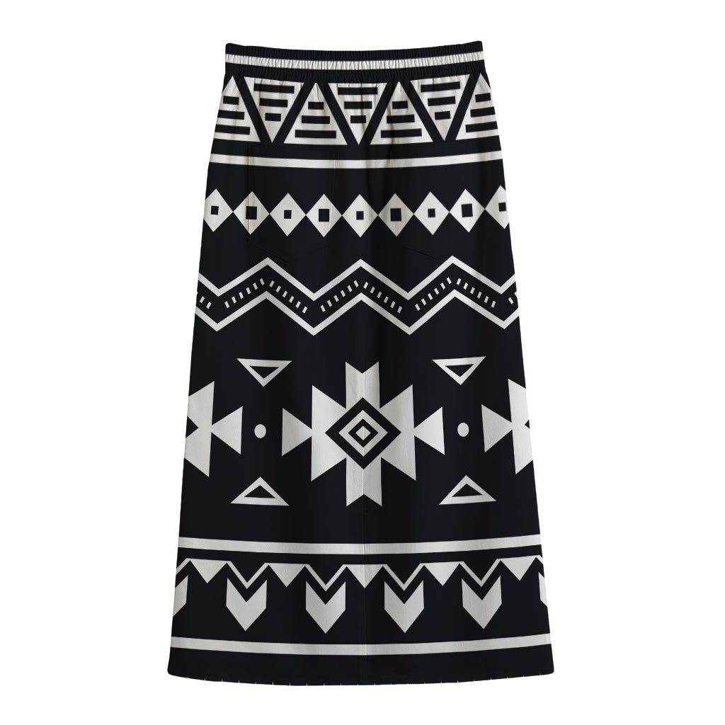 Black And White Aztec Pattern Print Cotton Front Slit Maxi Skirt