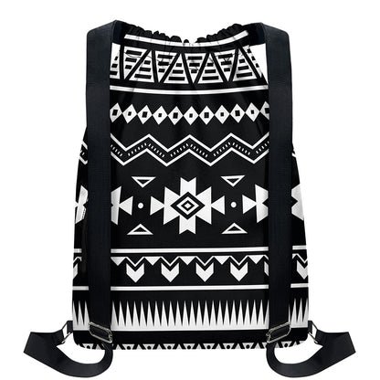 Black And White Aztec Pattern Print Drawstring Backpack