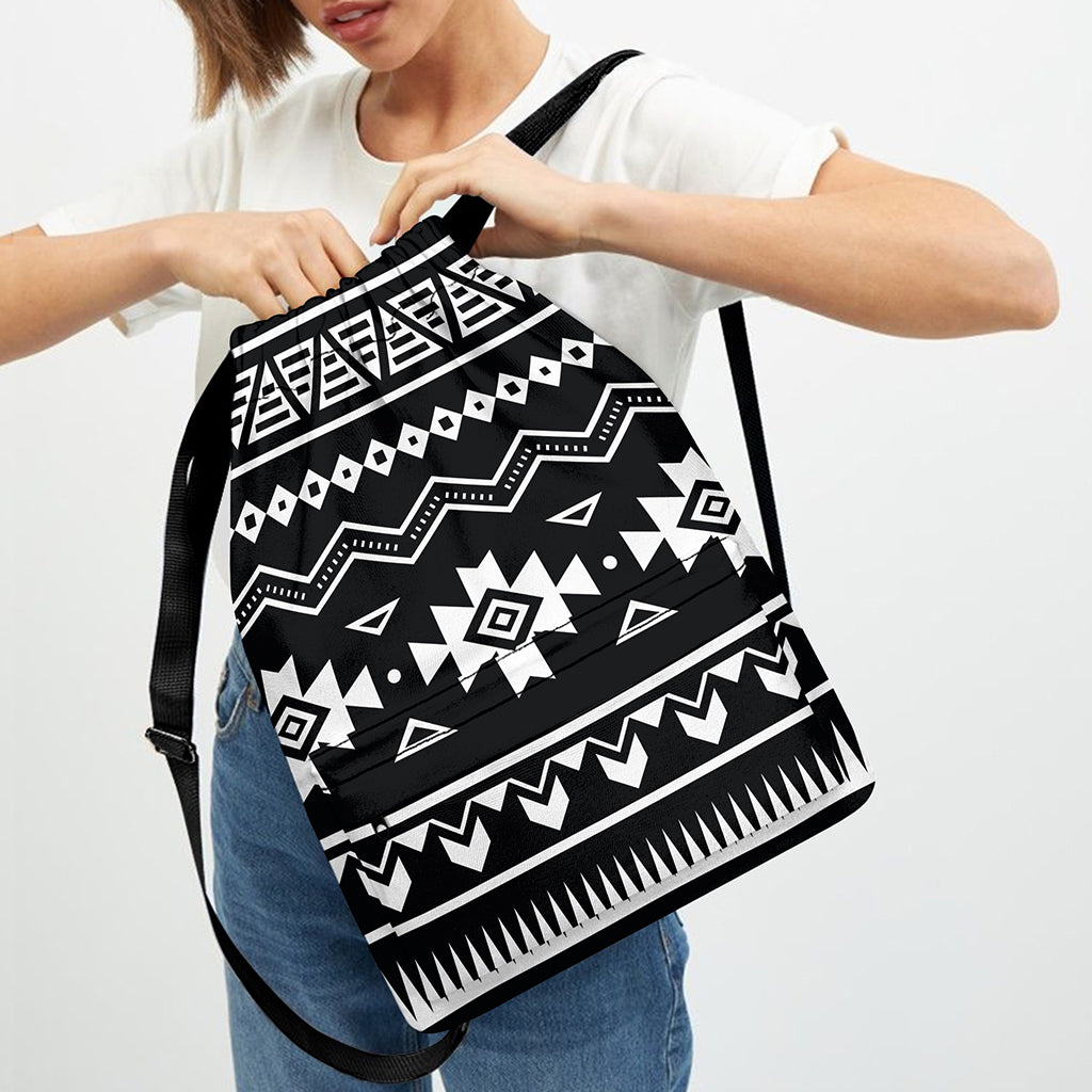Black And White Aztec Pattern Print Drawstring Backpack