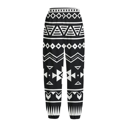 Black And White Aztec Pattern Print Fleece Lined Knit Pants