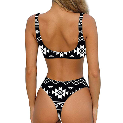 Black And White Aztec Pattern Print Front Bow Tie Bikini