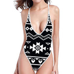 Black And White Aztec Pattern Print High Cut One Piece Swimsuit