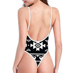 Black And White Aztec Pattern Print High Cut One Piece Swimsuit