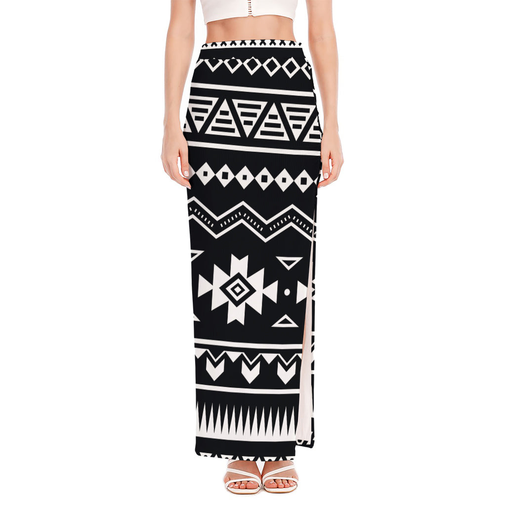 Black And White Aztec Pattern Print High Slit Maxi Skirt