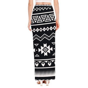 Black And White Aztec Pattern Print High Slit Maxi Skirt