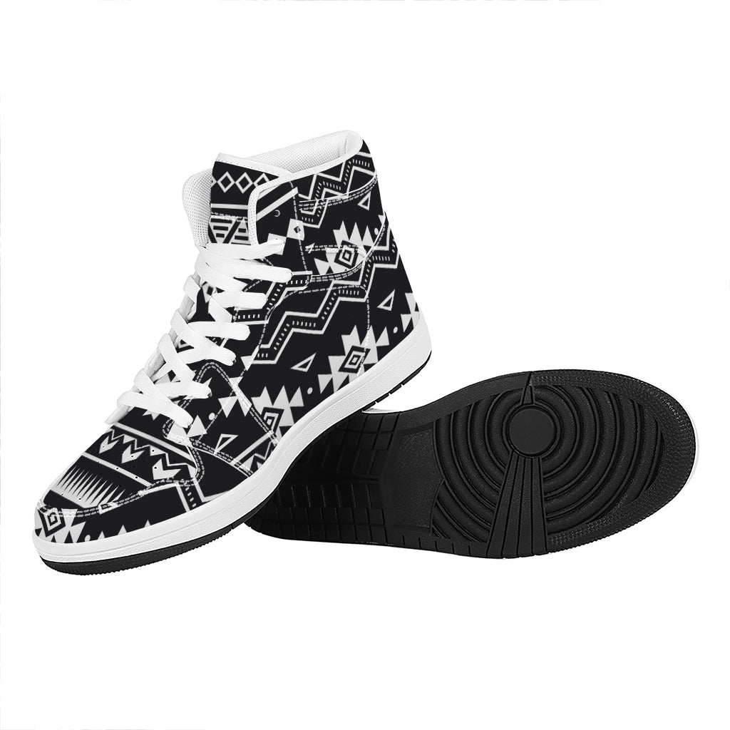 Black And White Aztec Pattern Print High Top Leather Sneakers