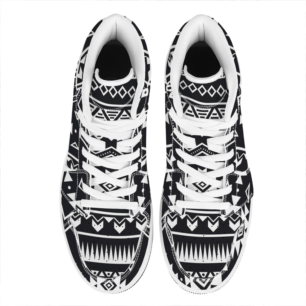 Black And White Aztec Pattern Print High Top Leather Sneakers