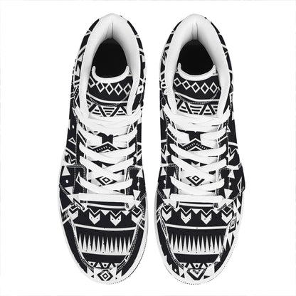 Black And White Aztec Pattern Print High Top Leather Sneakers
