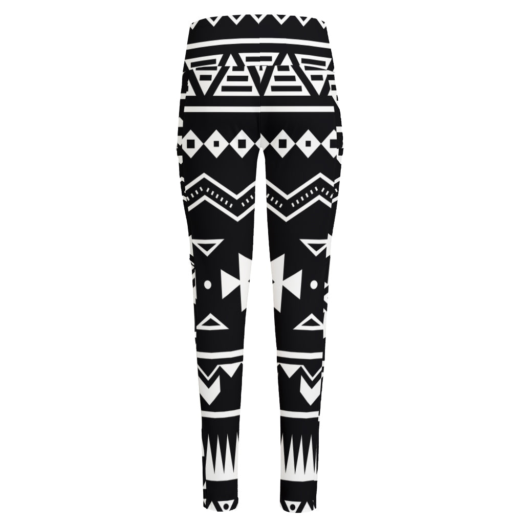 Black And White Aztec Pattern Print High-Waisted Pocket Leggings