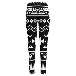 Black And White Aztec Pattern Print High-Waisted Pocket Leggings