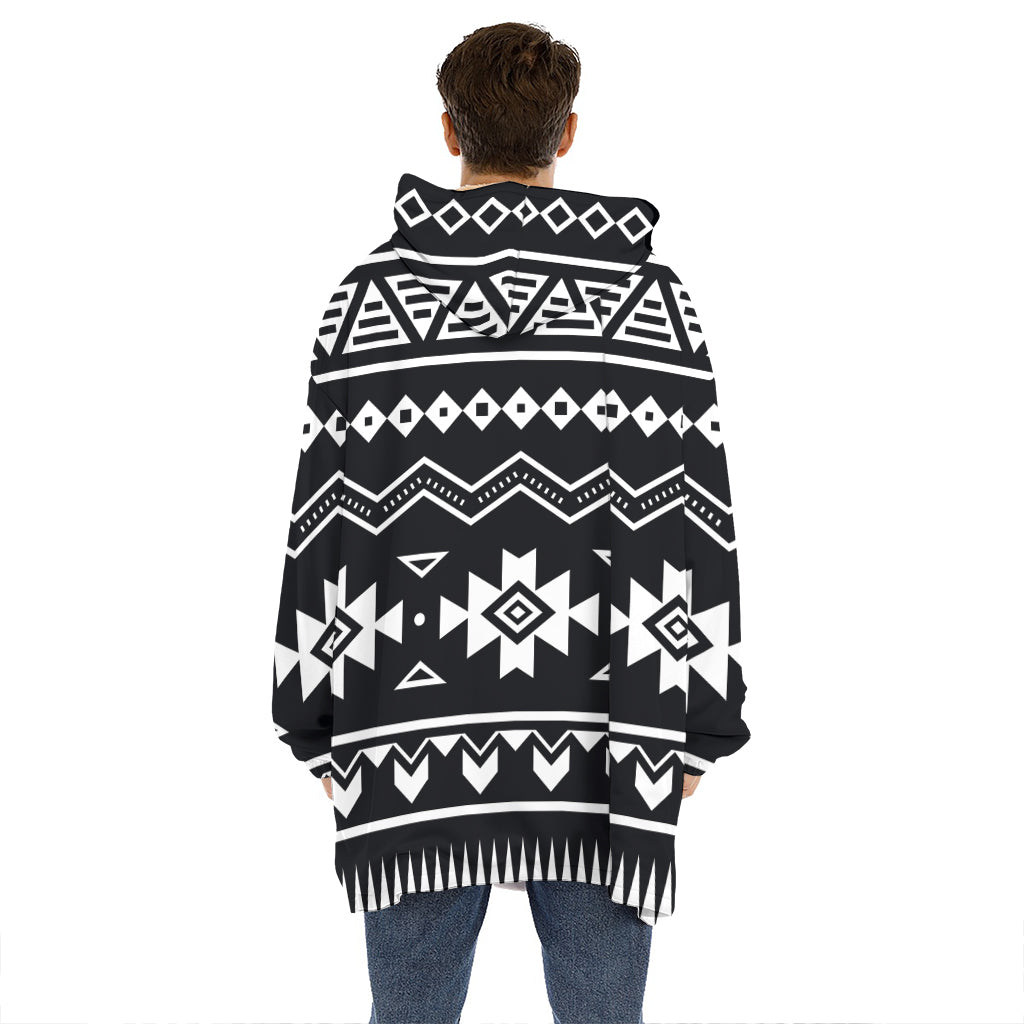Black And White Aztec Pattern Print Hoodie Blanket