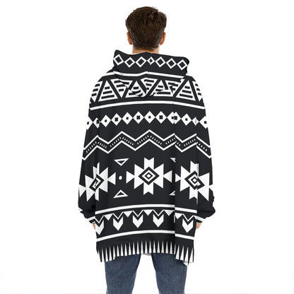 Black And White Aztec Pattern Print Hoodie Blanket