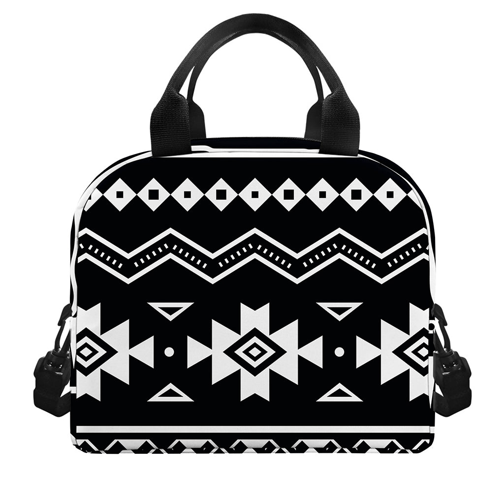 Black And White Aztec Pattern Print Insulated Lunch Bag