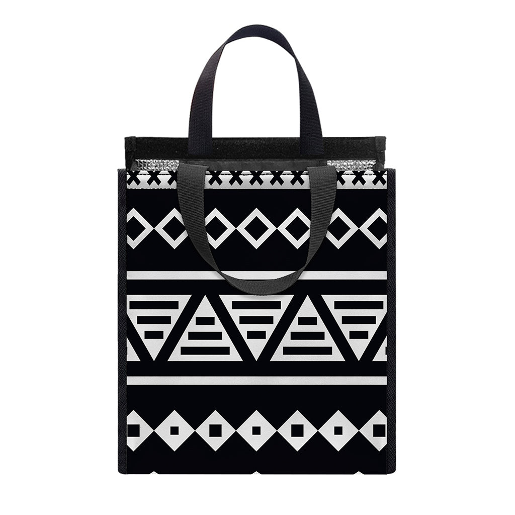 Black And White Aztec Pattern Print Insulated Lunch Tote
