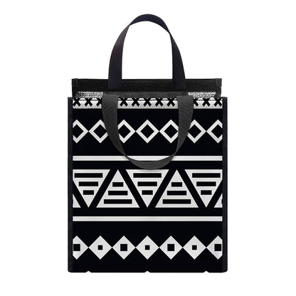 Black And White Aztec Pattern Print Insulated Lunch Tote