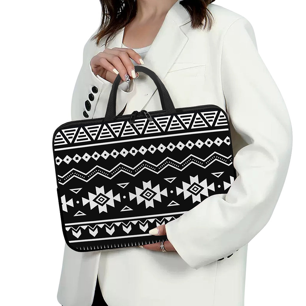 Black And White Aztec Pattern Print Laptop Sleeve With Handle