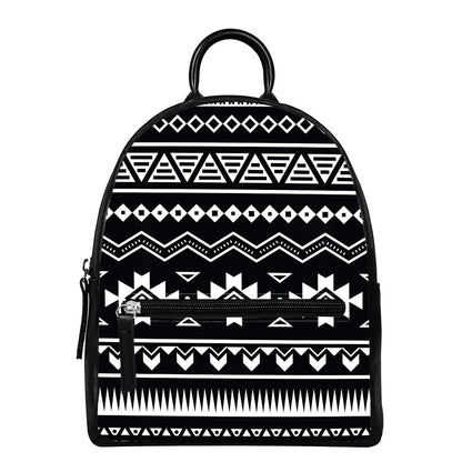 Black And White Aztec Pattern Print Leather Backpack