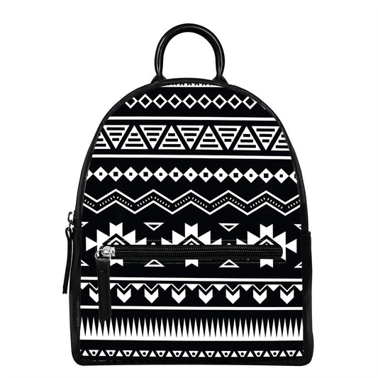 Black And White Aztec Pattern Print Leather Backpack