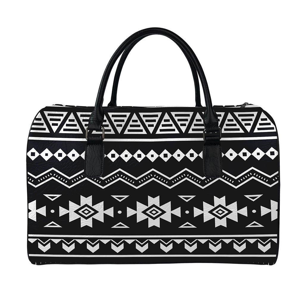 Black And White Aztec Pattern Print Leather Duffle Bag