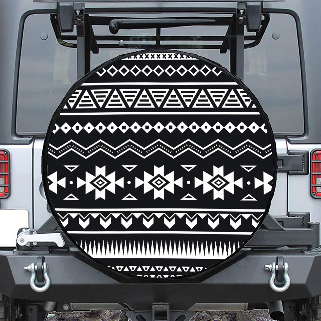 Black And White Aztec Pattern Print Leather Spare Tire Cover