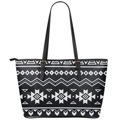 Black And White Aztec Pattern Print Leather Tote Bag
